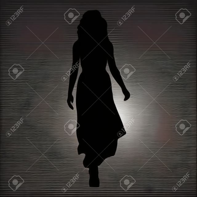 Mulher no vestido longo da noite que anda para a frente, silhueta isolada do vetor, vista dianteira