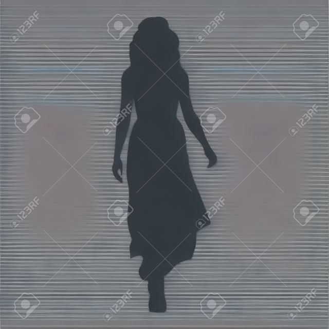Vrouw in lange avondjurk lopen naar voren, geïsoleerde vector silhouet, vooraanzicht