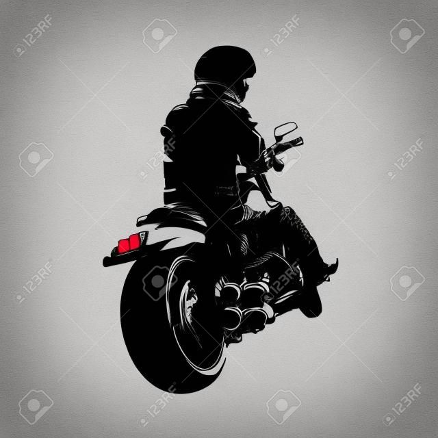 チョッパーバイクに座っているバイカー。背面図。分離インク描画、ベクトルシルエット