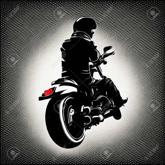 チョッパーバイクに座っているバイカー。背面図。分離インク描画、ベクトルシルエット