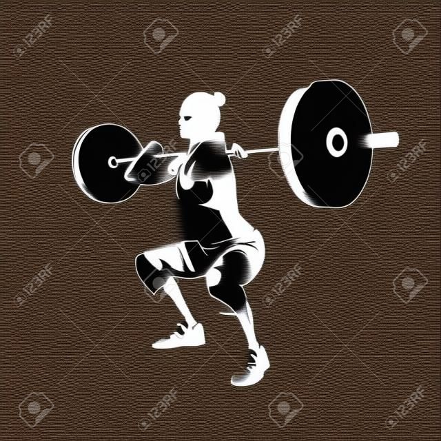 Squats, woman lifts big barbell, isolated vector silhouette. Ink drawing