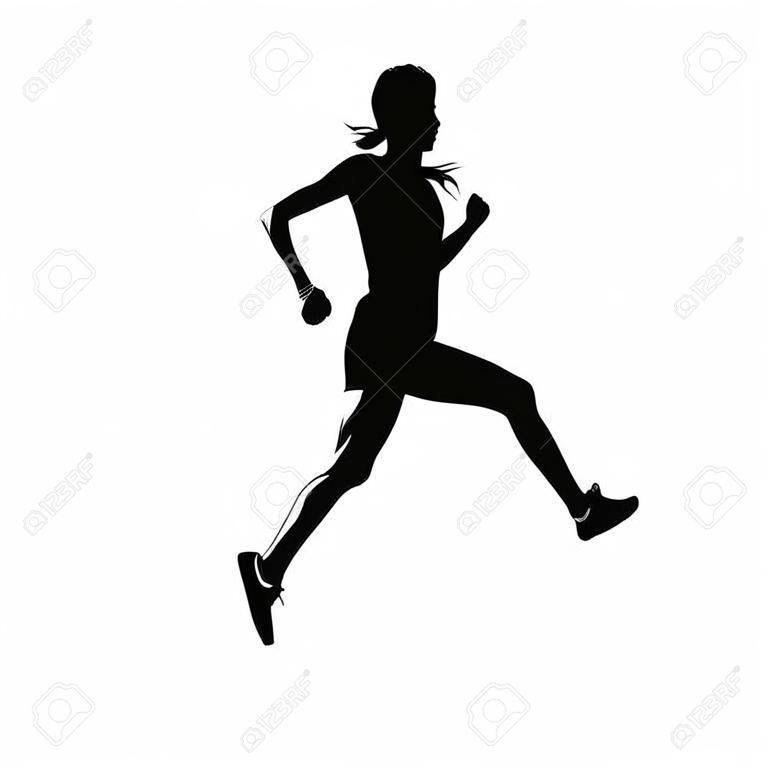 Running woman, geïsoleerd vector silhouet, vooraanzicht, vrouwelijk loopster.