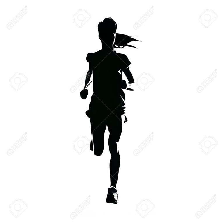 Running woman, geïsoleerd vector silhouet, vooraanzicht, vrouwelijk loopster.