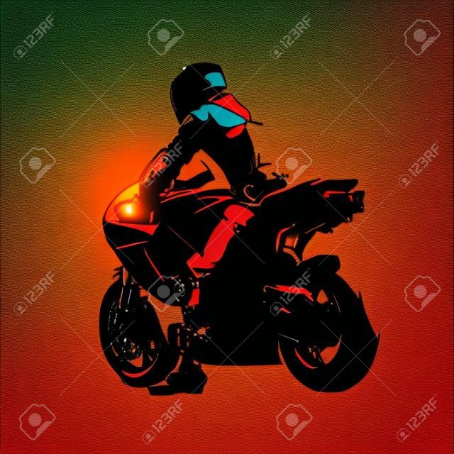 Motorbike rider, read view. Road motorcycle racing. Isolated vector silhouette. Ink drawing