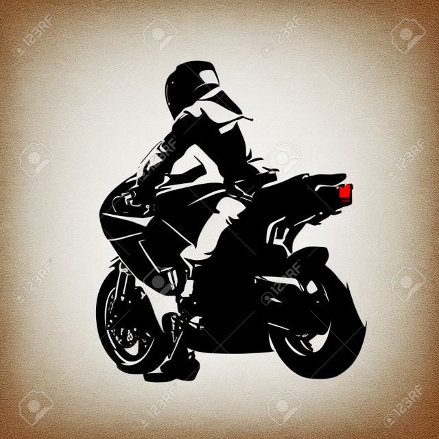 Motorbike rider, read view. Road motorcycle racing. Isolated vector silhouette. Ink drawing
