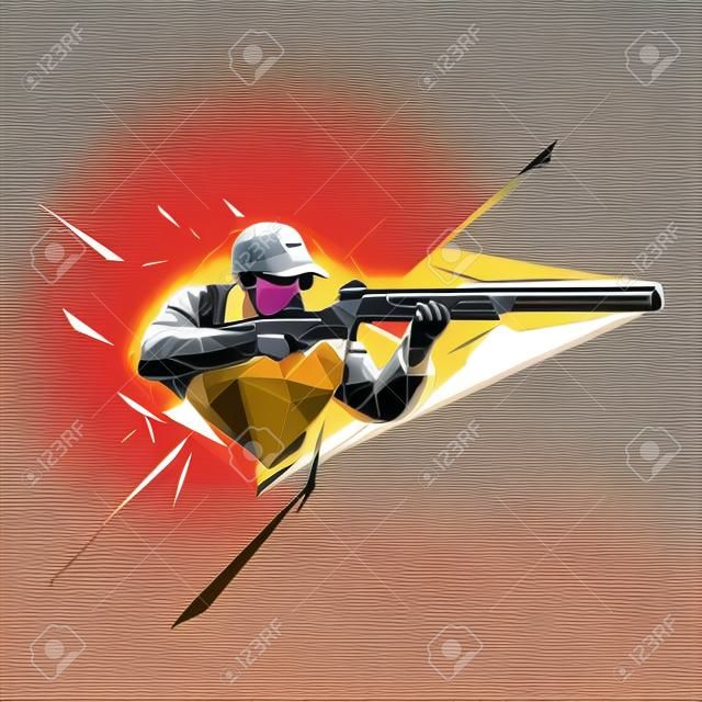 Trap shooting, aiming athlete with gun, low polygonal isolated vector illustration. Geometric drawing from triangles