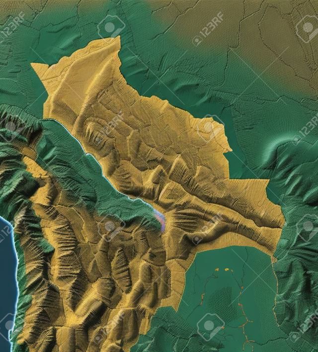 Bolivia. Mapa en relieve sombreado con las principales zonas urbanas. Territorio circundante de color gris. De color de acuerdo a la elevación. Incluye clip de ruta para el área de estado. Proyección: Extensión de Mercator: -71/-56/-24/-8 Fuente: NASA