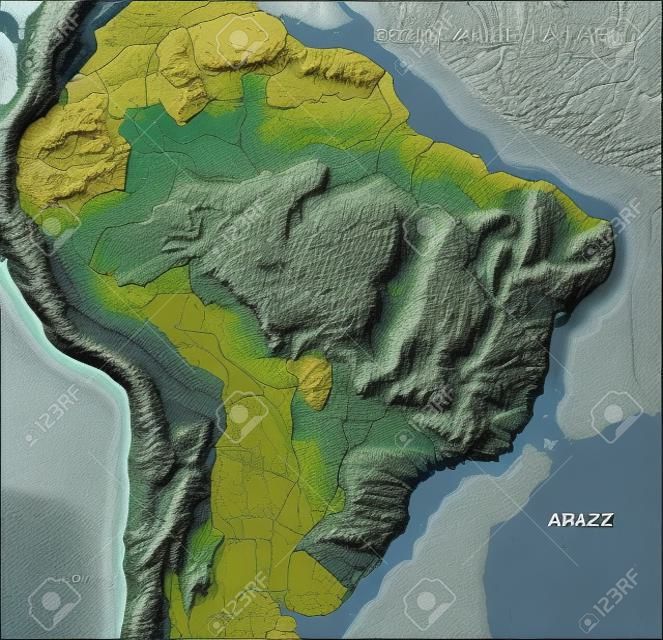 Brazil. Shaded relief map with major urban areas. Surrounding territory greyed out. Colored according to elevation. Includes clip path for the state area.
Projection: Lambert Azimuthal Equal-Area
Extents: R-83/-35/-32/11
Data source: NASA