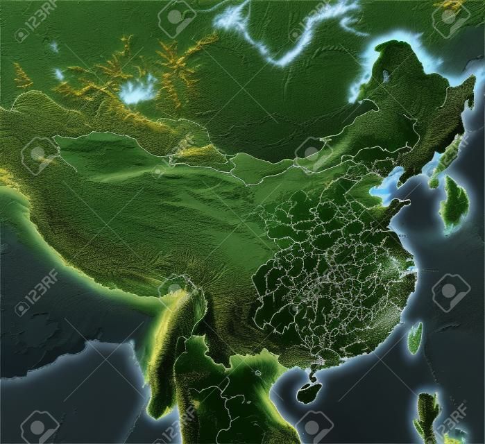 China, shaded relief map. Colored according to vegetation, with major urban areas. Includes clip path for the state boundary. 
Projection: Lambert Conic Conformal 110/40/15/65; Geographic extents: W: 82; E: 140; S: 10; N: 55
