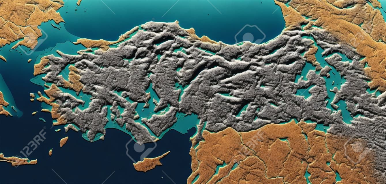 Turkey. Shaded relief map with major urban areas. Surrounding territory greyed out. Colored according to elevation. Includes clip path for the state area.
Projection: Mercator
Extents: -75/-58/-1/14
Data source: NASA