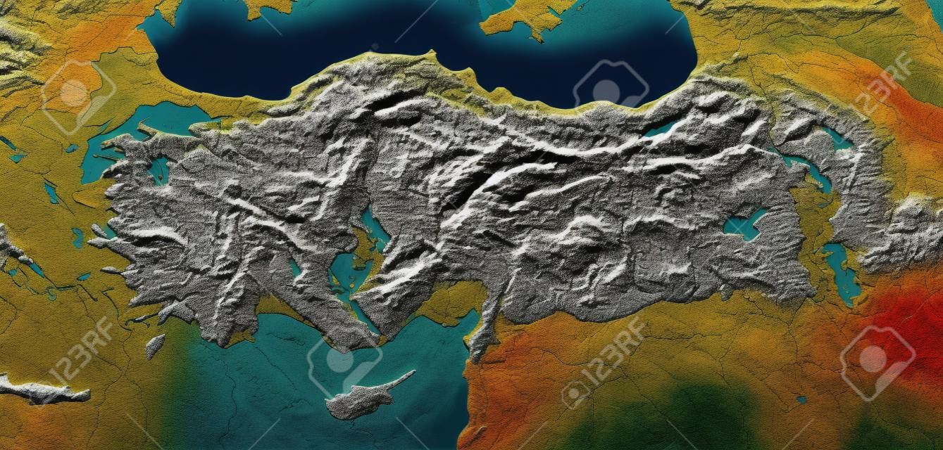 Turkey. Shaded relief map with major urban areas. Surrounding territory greyed out. Colored according to elevation. Includes clip path for the state area.
Projection: Mercator
Extents: -75/-58/-1/14
Data source: NASA