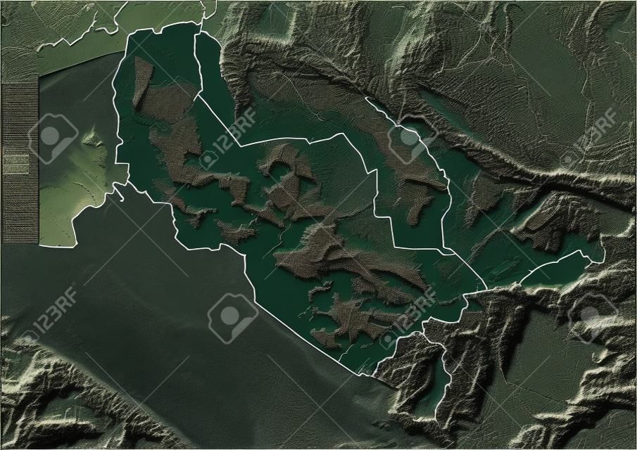 烏茲別克斯坦，暈渲地形圖。根據高程著色，與主要城市地區。包括剪輯路徑，為國家的邊界。投影：墨卡托;地理範圍：W：54.8; E：73.9; S：36.5; N：46.6