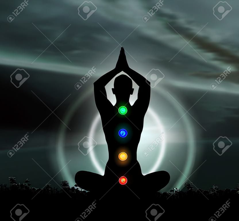 Conceito de chakras de corpo de posição de meditação de lótus