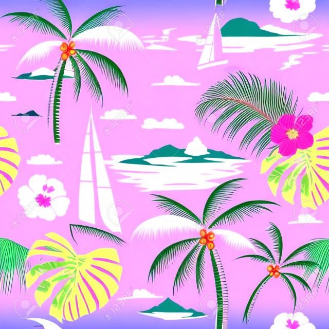Beautiful seamless island pattern on pink  background. Landscape with palm trees, beach and ocean vector hand drawn style.