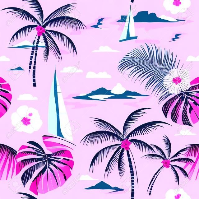 Beautiful seamless island pattern on pink  background. Landscape with palm trees, beach and ocean vector hand drawn style.