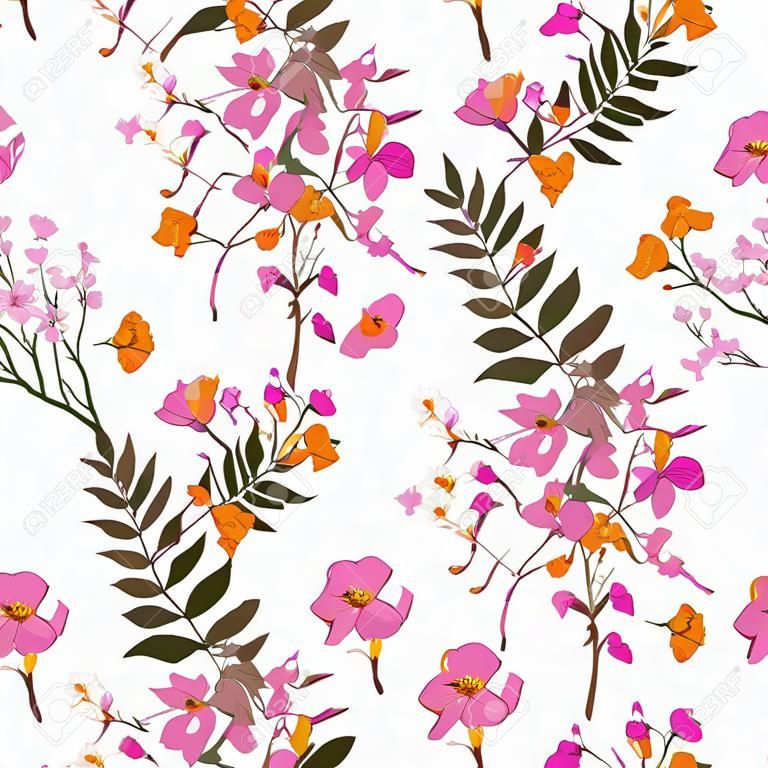 아름 다운 피 야생 꽃의 많은 종류의 플로랄 패턴. 식물 모티브는 무작위로 흩어져 있습니다. 원활한 벡터 질감입니다. 패션 인쇄 손으로 그린 스타일 흰색 배경.