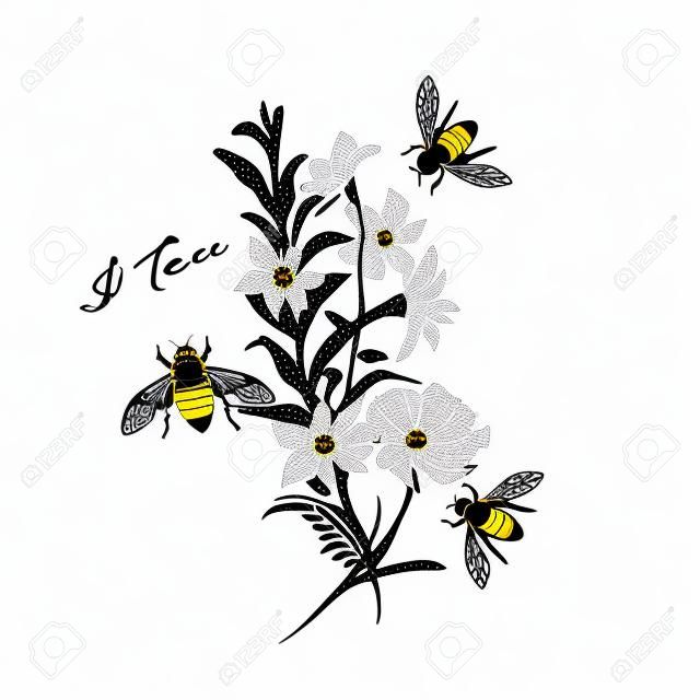 熊蜂与花卉刺绣矢量设计