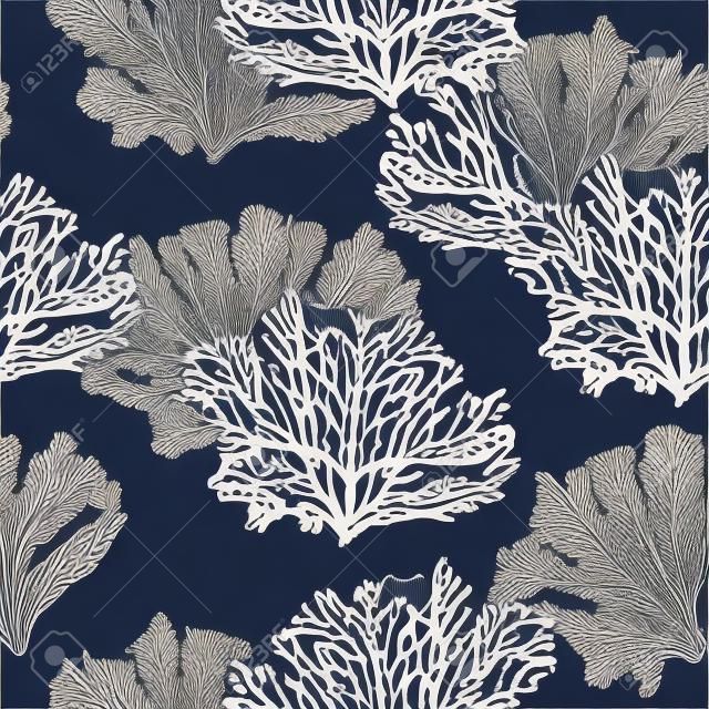 Moderne naadloze hand getrokken koraal patroon vector illustratie ontwerp voor mode, fabric, wallpaper, web en alle prints op marine blauwe achtergrond kleur
