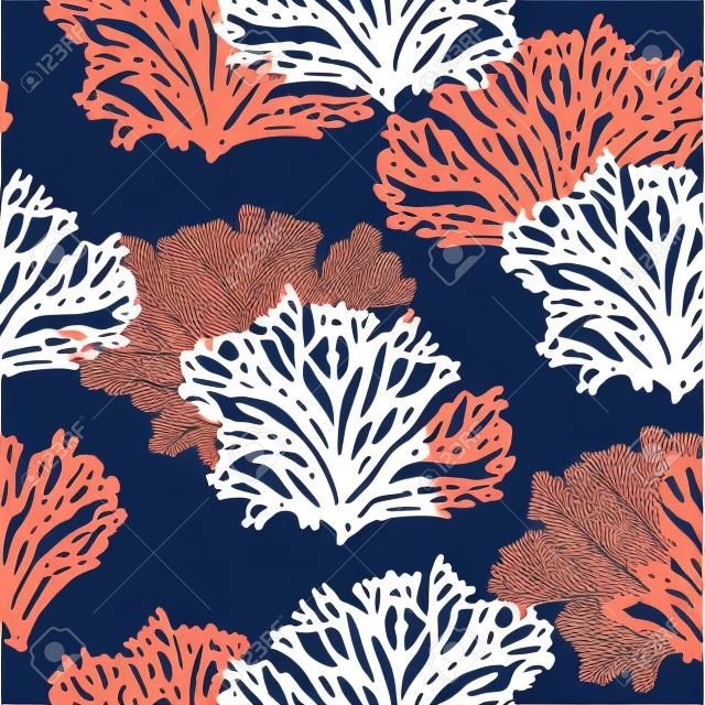 Projeto sem emenda moderno da ilustração do vetor do teste padrão do coral da mão desenhada para a forma, o tecido, o papel de parede, a Web e todas as impressões na cor azul marinho do fundo