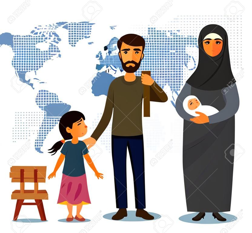 難民信息圖。為難民提供社會援助阿拉伯家庭移民安全。設計模板難民移民概念。矢量圖