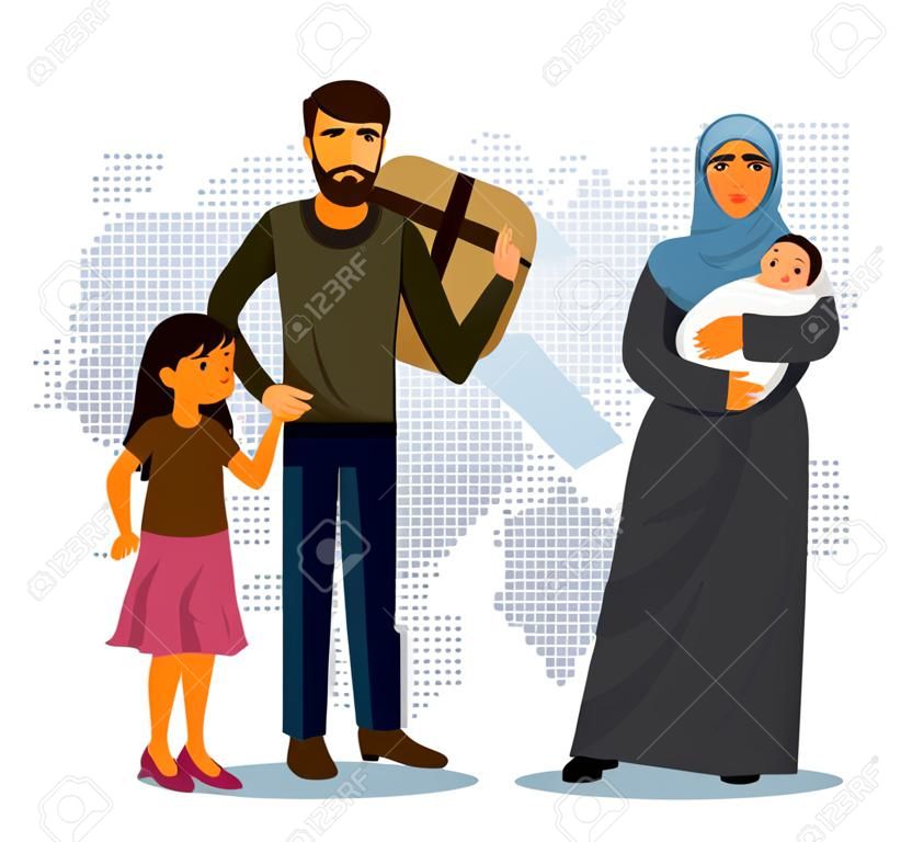 Refugees infographic. Social assistance for refugees. Arab Family. Immigration security. Design template. Refugees immigration concept. Vector illustration