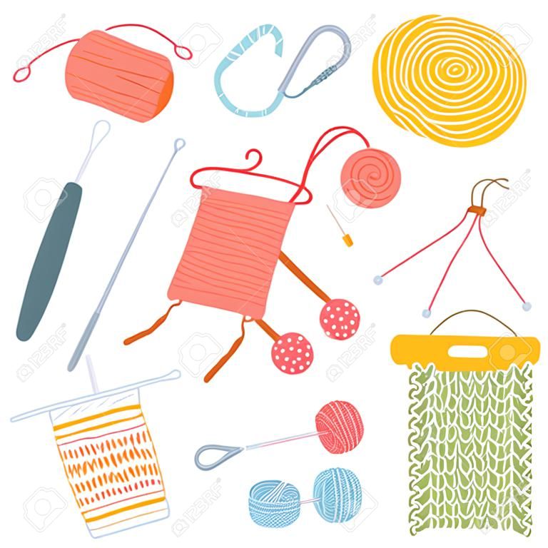 Set of knitting accessories in cartoon style. Concept of hobby, leisure time. Vector illustration of Knitted fabric, needles, crochet, spool, pincushion.