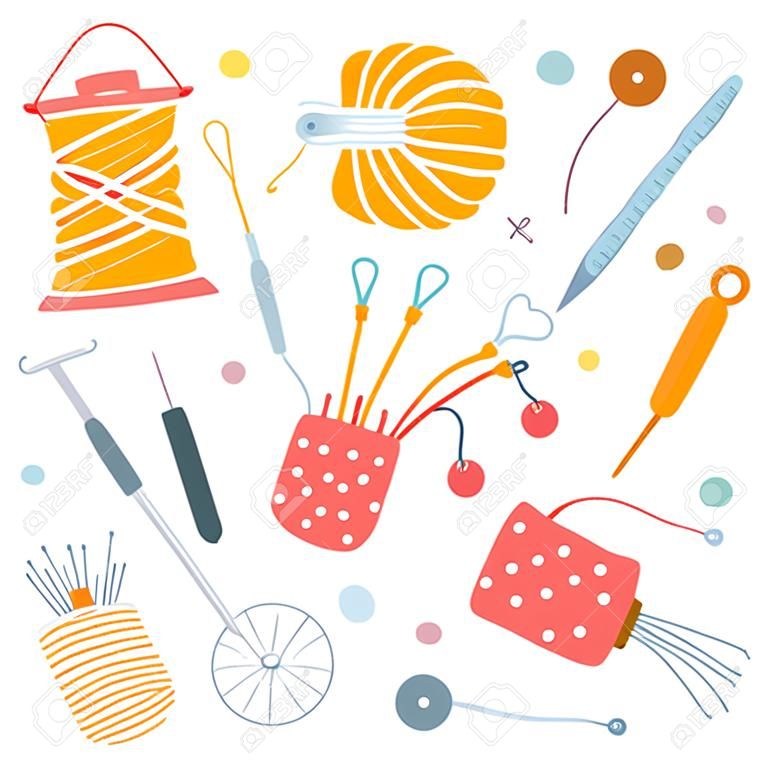 Set of knitting accessories in cartoon style. Concept of hobby, leisure time. Vector illustration of Knitted fabric, needles, crochet, spool, pincushion.