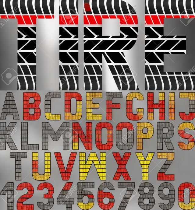 font with tyre tread texture and word "tire"
