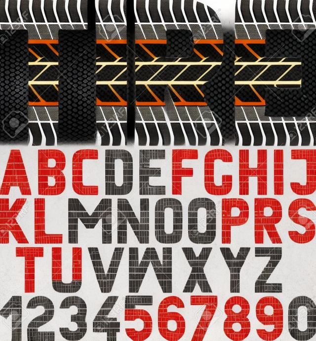 font with tyre tread texture and word "tire"