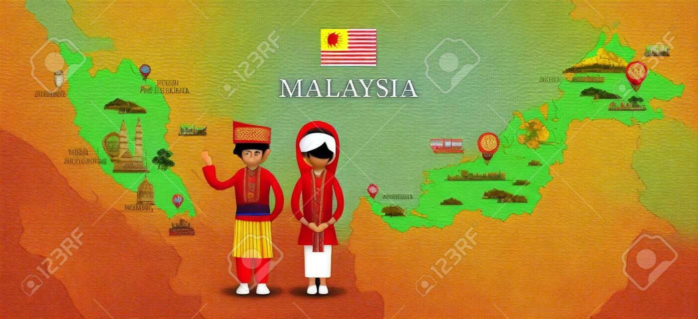 馬來西亞地圖和地標與傳統服裝，文化，旅遊和旅遊景點