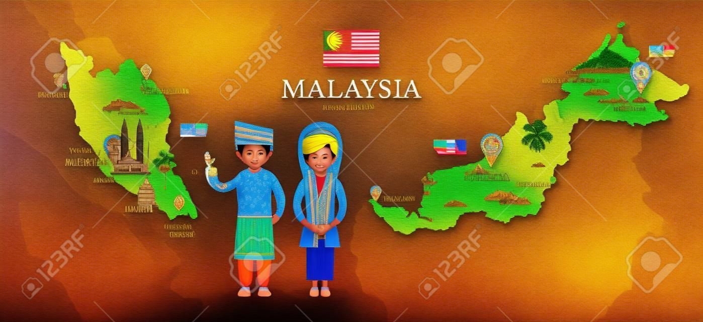 馬來西亞地圖和地標與傳統服裝，文化，旅遊和旅遊景點