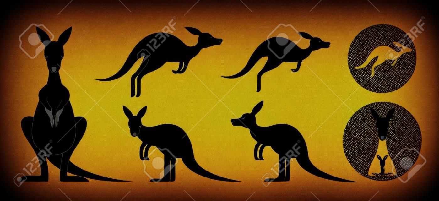 Känguru-Vektor-Set, Vorderansicht, Seitenansicht, Silhouette