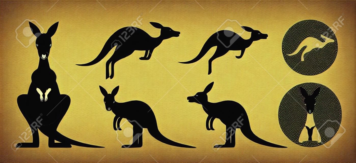 Ensemble de vecteur kangourou, vue de face, vue latérale, silhouette