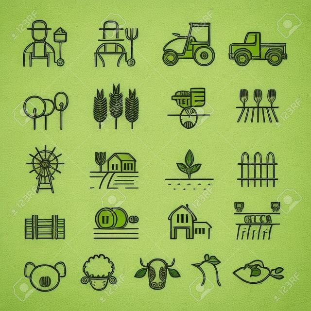 Landbouw en Landbouw Lijn Iconen Set, Boeren, Plantage, Tuinieren, Dieren, Objecten