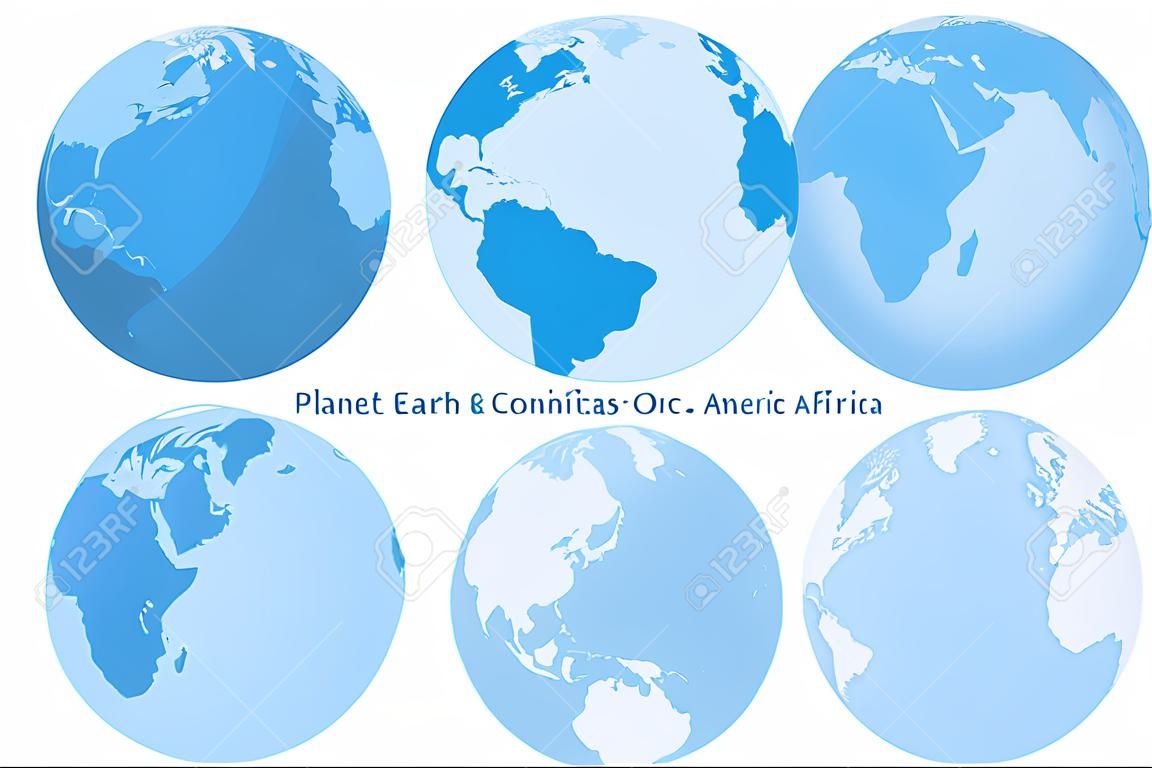 Planet Earth set of Different Continents View, World Globe Map, America, Europe, Africa, Asia, Oceania