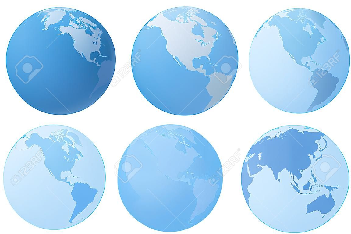 Planet Earth set of Different Continents View, World Globe Map, America, Europe, Africa, Asia, Oceania