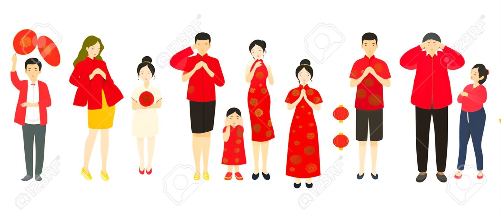 Group of People in Red Clothes, Chinese New Year, Traditional and Modern Clothes, Men and Women