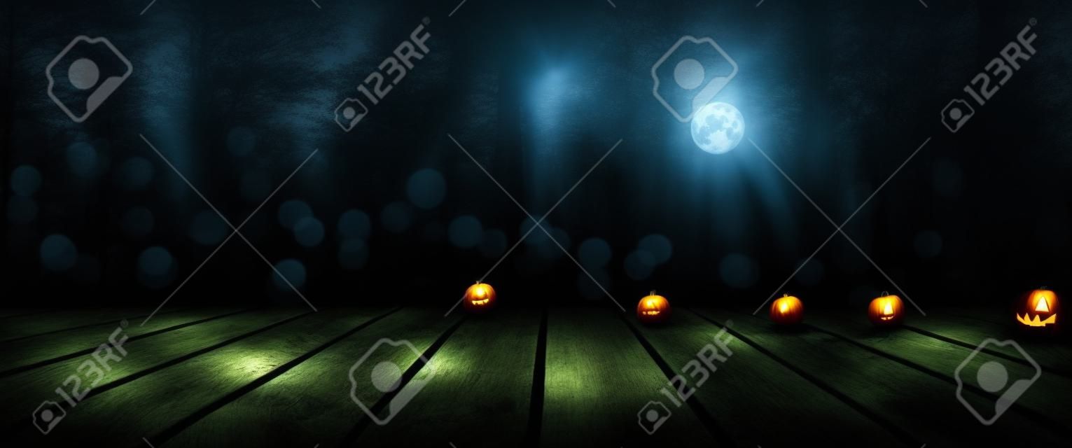 Lights in a dark forest with moonlight and rustic wooden floor for halloween