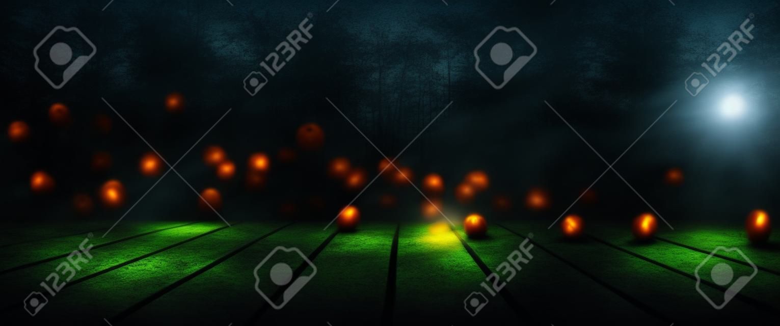 Lichter in einem dunklen Wald mit Mondschein und rustikalen Holzboden für Halloween