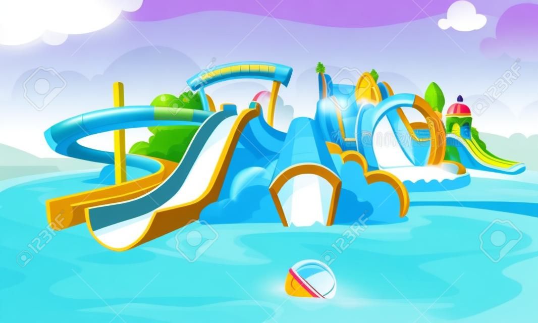Водная горка в аквапарке. Векторная иллюстрация. Мультфильм фотографии водной горкой и надувные замки на игровой площадке.