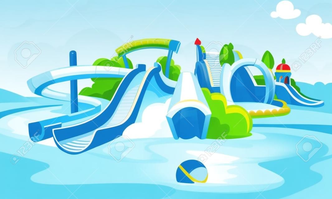 在一個水上樂園水滑梯。矢量插圖。水滑梯和操場上的充氣城堡的卡通圖片。