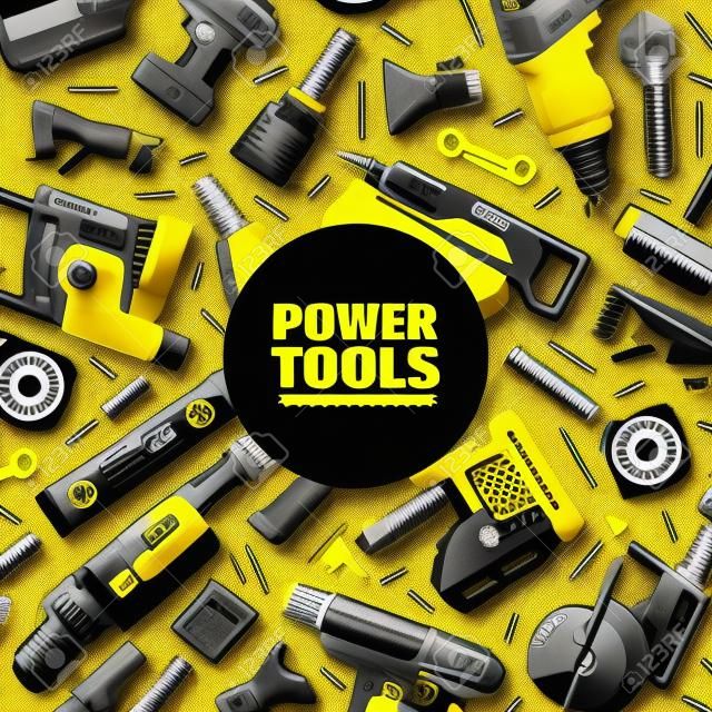Power tools background. Yellow reversible screwdriver modern grinder black metal disk powerful cordless jigsaw construction and repair work professional hardware equipment. Vector pattern.