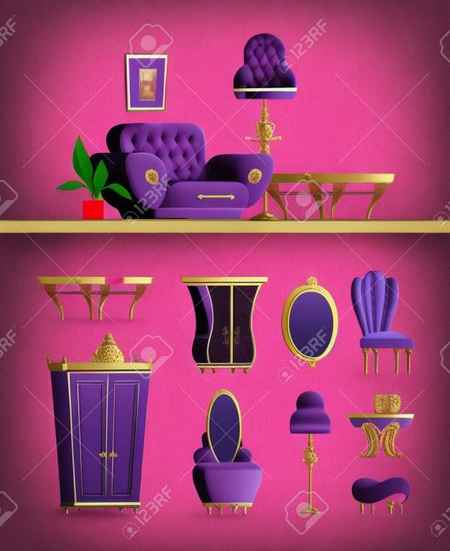 Antique furniture set. Retro interior living room archaic wide purple armchair vintage chest drawers oval mirror soft chair in old style decorative tea table with red chest. Vector trendy cartoon.