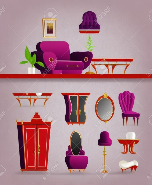 Antique furniture set. Retro interior living room archaic wide purple armchair vintage chest drawers oval mirror soft chair in old style decorative tea table with red chest. Vector trendy cartoon.