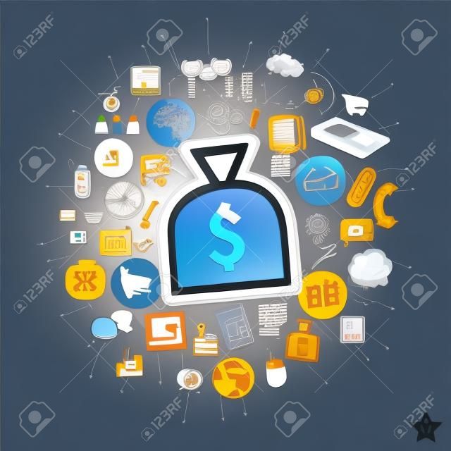Bankowość kolaż z ikon tle. Ilustracji wektorowych