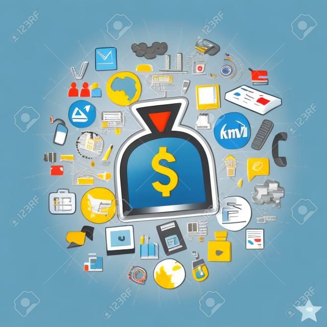 Collage Banking con icone sfondo. Illustrazione vettoriale