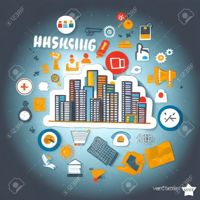 Marketing collage with icons background. Vector illustration