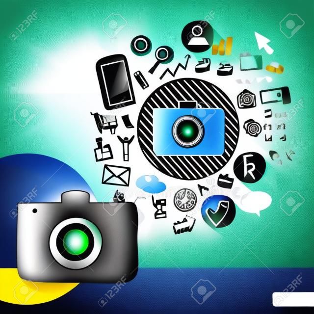 Paper and hand drawn photo camera emblem with icons background. Vector illustration