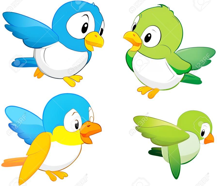 Oiseaux mignons de bande dessinée en trois couleurs pour l'élément de conception