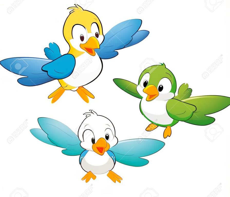 Leuke cartoon vogels in drie kleuren voor design element
